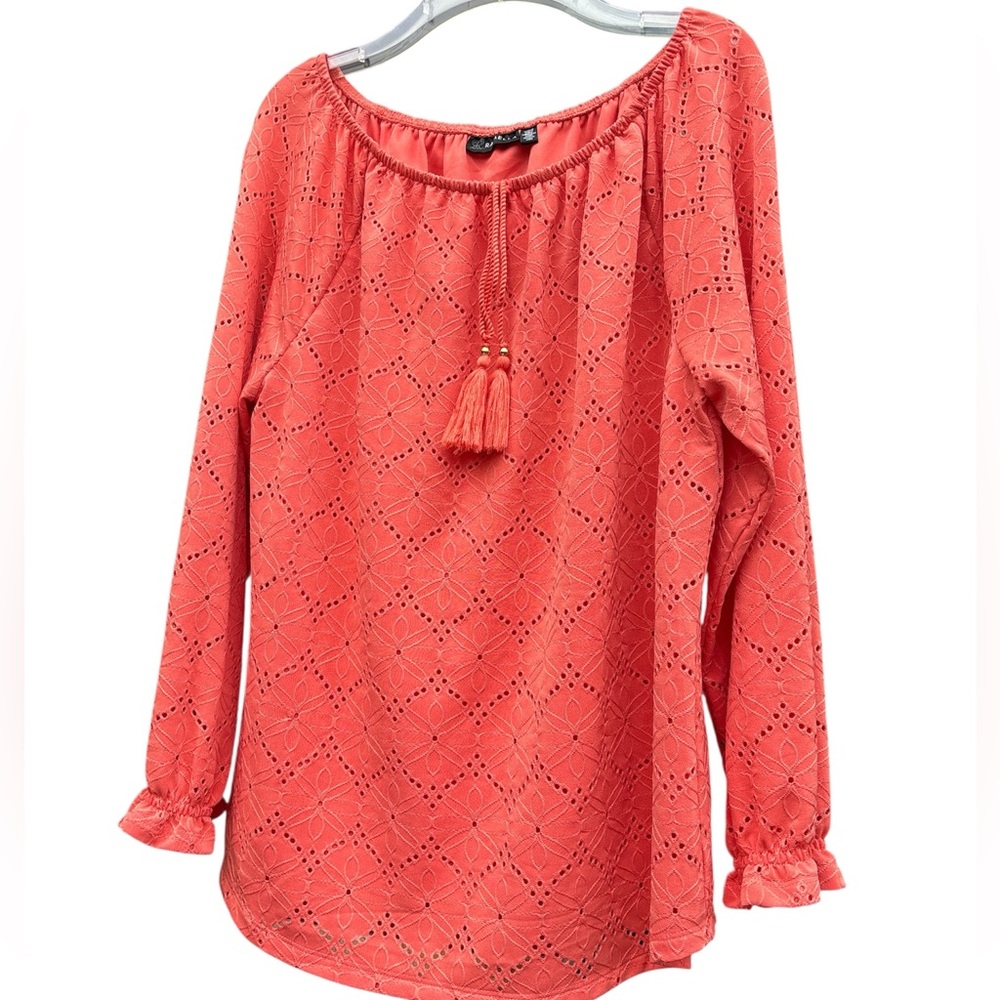 RAFAELLA Ladies Coral Eyelet Blouse Lined w/tassels & gold hardware Size Large